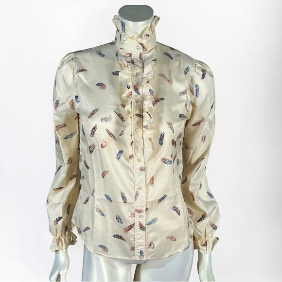 Vintage 90s Cream Feather Print Ruffle Victorian Style Blouse Size Small - Picture 1 of 10